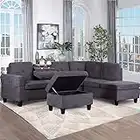 UBGO Furniture Sets,Living Room Sectional Sofa,L Shaped Storage Ottoman, Upholstered Sofá with 2 Cup Holder,Couch Longue for Indoor Home Apartment Office, Grey Left Chaise