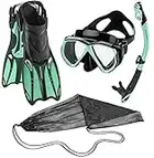 Phantom Aquatics Rapido Adult Mask Fin Snorkel Set, Panoramic View Snorkel Mask + Snorkeling Gear Travel Bag, Mint, ML/XL, us: 9/11 - EU: 42/45