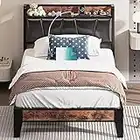 LIKIMIO Twin Bed Frame, Storage Headboard with Charging Station, Solid and Stable, Noise Free, No Box Spring Needed, Easy Assembly (Vintage and Black)