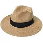 Lanzom Women Wide Brim Straw Panama Roll up Hat Fedora Beach Sun Hat UPF50+ (A-Square Belt Brown)