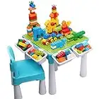 burgkidz Kids 5-in-1 Multi Activity Table Set - 128 Pieces Compatible Bricks Toy Includes 1 Chair and Large Building Block Table with Storage, Green Baseplate Board (Blue)