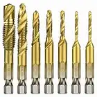 BAYTORY 7Pcs Titanium Combination Drill and Tap Set, Metric Thread HSS M3-M10 Screw Tapping Bit Tool 1/4" Hex Shank (Titanium Coated 7 Pcs)