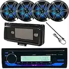 Single DIN USB/AUX Bluetooth Marine Boat Yacht Stereo CD Receiver Bundle Combo with 4 x Enrock 6.5" 2-Way Chrome Speakers w/Multicolor LED Lighting + Enrock Waterproof Stereo Cover + Radio Antenna