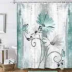 VeiVian Rustic Farmhouse Shower Curtain, Farm Teal Daisy Floral Flowers and Butterfly on Country Wooden Shower Curtain for Bathroom, Turquoise Blue with 12PCS Hooks, 70X70IN