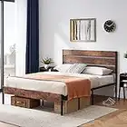 VECELO Platform Queen Bed Frame with Rustic Vintage Wood Headboard and Footboard, Mattress Foundation, Strong Metal Slats Support, No Box Spring Needed