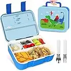 Lehoo Castle Kids Lunch Box, 1.25L Bento Lunch Box for Kids with 5 Compartments, Kids Bento Box Lunch Containers with Sauce Jar/Spoon & Fork (Dinosaur)