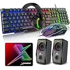 5 in 1 Wired Gaming Keyboard Mouse Headphone and Speaker Combo with Multi RGB Backlight Ergonomic 104 Key Adjustable Mic 2400DPI Mice Large Mousepad Waterproof for PC Mac Gamer Office Typist(Black)