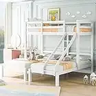 3FT Bunk Bed Triple Sleeper with Side Ladder, Solid Wood Children Bed Frame, Suitable for Children and Teens, Easy to Assemble, White【UK Fast Delivery】