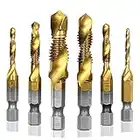 Mesee 6 Pieces HSS Countersink Tap Drill Bits, Titanium Coated Combination Drill & Tap Bit Set Hex Shank Spiral Pointed Taps Drill Bit -Metric Size M3 M4 M5 M6 M8 M10