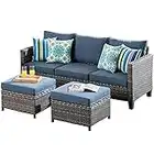 ovios Patio Sofa, All Weather Outdoor Rattan Wicker Sofa and 2 Ottomans High Back Couch for Garden Backyard Porch (3 PCS, Denim Blue)