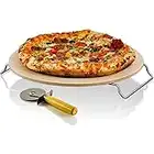 Ovente Ceramic Flat 13 Inch Pizza Stone Set with Crust Cutter Wheel & Metal Rack/Handle, Compact Easy Storage Portable Baking Grilling Stone Thermal Shock Resistance for Oven Grill BBQ, Beige BW10132