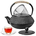 VonShef Cast Iron Teapot, Black Japanese Teapot with Infuser, 800ml 5 Cup Loose Leaf Tea Pot with Mesh Strainer, Stovetop Tetsubin Tea Kettle with Hobnail Design