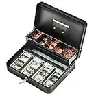 Cash Box with Lock and Money Tray - Tomekji Durable Metal Large Money Box 11.8"L x 9.5"W x 3.5"H - 5 Compartment Tray 4 Spring Loaded, Come with 2 Key, Black