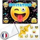 Kit créatif de 10 cartes d'invitation en français pour anniversaire sur thème smileys pour 10 invités (10 cartons d invitation + 10 enveloppes + 1 planche de 10 stickers). Idéal enfants de 4 à 10 ans