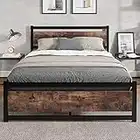 Marco de cama tamaño King con cabecero de madera, estructura de cama de metal de plataforma resistente, no necesita somier, soporte de listones de metal fuerte, sin ruido, doble XL/Queen/King (King)