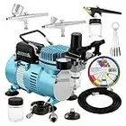 Master Airbrush Cool Runner II Dual Fan Air Compressor Professional Airbrushing System Kit with 3 Airbrushes, Gravity and Siphon Feed - Holder, Color Mixing Wheel, Cleaning Brush Set, How-To Guide