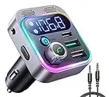 2022 Bluetooth 5.3 FM Transmitter for Car, JOYROOM [Stronger Dual Mics & HiFi Deep Bass Sound] , 48W PD&QC3.0 Bluetooth Car Adapter, Hands-Free Calling, Larger LED, AUX Output & U Disk