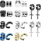 10 Pairs Magnetic Stud Stainless Steel Non Piercing Cross Dangle,Hoop Earrings Unisex Gauges Clip on CZ Magnet Earring Set (Classic Style)