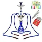 Hookah Set 4 Hose Shisha Complete Set, Portable Glass Vase Hookahs Shisha Set, Include 100 Disposable Tips, 50 Pre-Punched Aluminum Foil,Blue