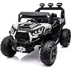 sopbost 12V 10Ah Ride on Car with Remote for 3-8 Yrs 4x4 UTV Battery Powered 4 Wheels Driving for Kids Toddlers Boys Girls to Ride, Key Start, Music Play, White