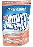 Body Attack Power Protein 90, Fragola-Cioccolato bianco, 500g, 5K proteine in polvere con proteine del siero di latte, L-carnitina e BCAA per la costruzione muscolare e il fitness.