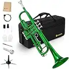 Vangoa Bb Trumpet Standard Brass Green Trumpet for Beginners Students with Hard Case, Stand, 7C Mouthpiece, Gloves, Valve Oil and Cleaning Kit