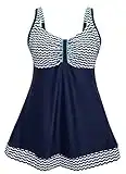 DANIFY Plus Size Swim Dress Vintage Sailor Swimsuit Tummy Control Swimdress Cover Up Swimwear One Piece Bathing Suit, Navy3, 24