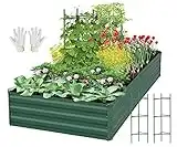 SONFILY Cama de jardín elevada galvanizada de metal grande para exteriores, para jardinería, maceta elevada, cama de flores, cajas de jardín al aire libre con 2 jaulas de tomate/soportes para plantas, 8 x 4 x 1 pie, verde