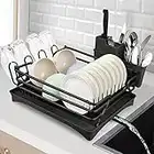 Trusthere Dish Drying Rack with Drain Board, 360degree Swivel Spout Dish Rack, Rustproof Aluminum Drainboard Set with Removable Utensil, Cup Holder for Kitchen (Large-Black)