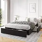 IMUsee Queen Bed Frame with Storage, 3 Large Drawers on Wheels, Fabric Upholstered Platform Bed, No Box Spring Needed, Wood Slats Support, Easy Assembly, Dark Grey