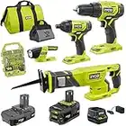 Ryobi Cordless Super Combo Bundle, P883 18-Volt ONE+ Lithium-Ion Includes Drill/Driver, Reciprocating Saw, Circular Saw, Worklight, Drill Bit Set, Charger, (2) Batteries, Buho Flashlight