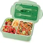 通用 Fiambrera de 1400 ml para niños y adultos, cajas de almuerzo Bento con cubiertos y 3 compartimentos, recipiente para alimentos sin BPA, microondas y lavavajillas (verde)