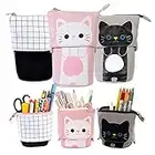 iSuperb 3 Pack Télescopique Trousse à Crayons Stand Pencil Case Cat Rétractable Trousse Crayon Porte-Stylo Debout étui à Maquillage Scolaires Papeterie Organisateur Bag (Bleu + Kaki)