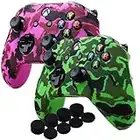 YoRHa Impression par Transfert d'eau Housse en Silicone Coque Custom pour Microsoft Xbox One X & Xbox One S Mantte x 2(Vert & Rose foncé) avec Pro Thumb Grip poignée Pouce Pro x 8