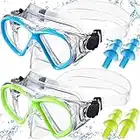 2 Pack Kids Swim Goggles Diving Mask with 2 Pair Earplugs, Silicone Anti Fog Swimming Goggles Glasses Anti Leak Snorkel Swim Face Nose Cover Gear Beach Pool for Kids 6-14 Youth (Blue, Bright Yellow)