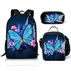 Coloranimal 3 PCS/Ensemble de sac à dos d'école pour enfants avec refroidisseur isolé thermique Pochette fourre-tout à déjeuner chaud à glissière Porte-crayons en toile Conception de papillon de