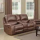 Roundhill Furniture Achern Brown Leather-Air Nailhead Manual Reclining Loveseat with Storage Console