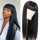 DÉBUT Silky Straight Human Hair Wig with Bangs, Non Lace Front Glueless Wigs, Unprocessed Brazilian Virgin Hair Machine Made Wigs with Bangs Natural Black 22 Inch