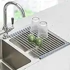 Seropy Égouttoir à vaisselle enroulable sur l’évier, tapis de séchage pour évier de cuisine, égouttoir pliable en acier inoxydable, large égouttoir à vaisselle pour cuisine, 45 x 30 cm