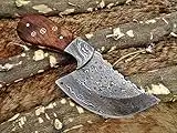 7" Skeleton cleaver, Hand Forged Damascus Steel wide blade skinning Knife with 3.5" cutting edge, Scale is equipped with Mosaic pin and Damascus Bolster, Cow Hide leather sheath included (Brown)