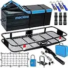 Mockins 60x20x6 Heavy-Duty Trailer Hitch Cargo Carrier 500lb Cap & 16 Cu Ft Waterproof Luggage Cargo Bag |Folding Hitch Cargo Carrier with Cargo Net & Hitch Accessories |2" Receiver Hitch Cargo Rack