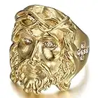 BOBIJOO Jewelry - Bague Chevalière Jésus Visage du Christ Acier inoxydable Or Doré Plaqué Faux Diamants - 71 (13 US)