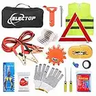 Electop Roadside Assistance Auto Emergency Kit 66 Pieces-in-1 Car Safety Kit with Jumper Cables,LED Road Flare Warning Light,Tow Rope,Triangle,Tire Pressure Gauge and More for Your Car Truck SUV