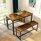 AWQM Dining Room Table Set, Kitchen Table Set with 2 Benches, Ideal for Home, Kitchen and Dining Room, Breakfast Table of 43.3x23.6x28.5 inches, Benches of 38.5x11.8x17.5 inches, Rustic Brown