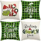 Christmas Pillow Covers 18x18 Set of 4 for Christmas Decorations Buffalo Plaid Grinch Xmas Stink Christmas Pillows Merry Grinchmas Resting Grinch Face Winter Holiday Throw Pillows Decor for Couch