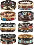 LOLIAS 27/31 Piezas Cuero Pulseras para Hombre Mujer Retro Tejida Pulsera de Traje de Cuero Multicapa Trenzado Pulsera Cuentas de Madera Cuerda Brazalet Vintage Pulsera Ajustable