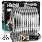 Relxitl Metal Garden Hose 50ft Heavy Duty Stainless Steel Water Hose, Solid Metal Fittings Leak-proof No Kink Outdoor Hose without Nozzle, Upgraded Outer Diameter Metal Hose (50FT, Silver)