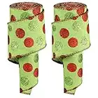 2 Rouleaux de Rubans de Noël à Pois Scintillants de Bord Filaires Rubans à Pois Rouges Verts Ruban Imprimé à Pois Polka Ruban Décoratif en Toile de Lin (Base Verte, 2,5 Pouces x 6 Yard par rouleau)