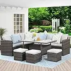 Wisteria Lane Outdoor Patio Furniture Set, 7 Piece Outdoor Dining Sectional Sofa with Dining Table and Chair, All Weather Wicker Conversation Set with Ottoman, Grey