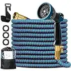 Springtree 50ft Expandable Garden Hose with 10 Spray Function Nozzle, Retractable 3750D Extra Strength Hose, Lightweight & Kink-free Flexible Water Hose, 3/4 inch Solid Brass Fittings and Double Latex Core, Blue